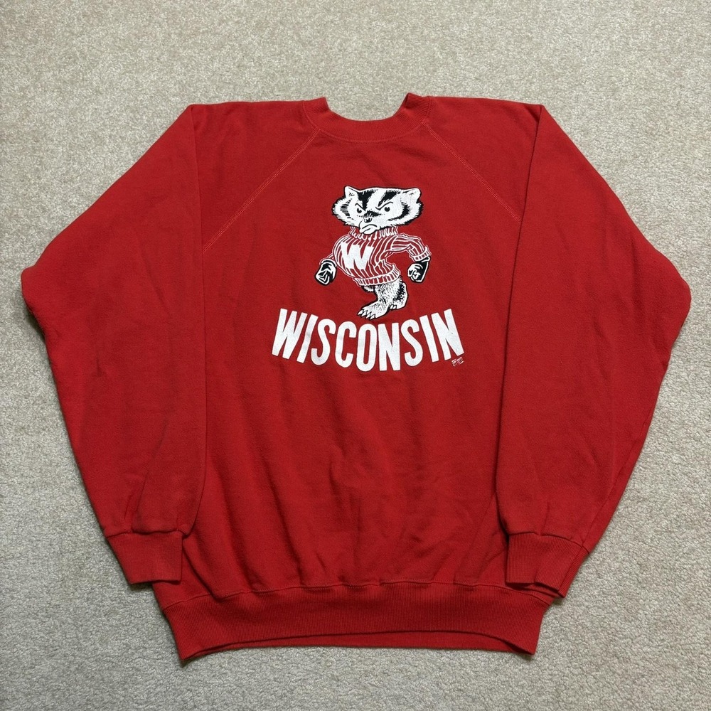 Vtg Wisconsin Badgers Sweatshirt Mens XL Red NCAA Football Hanes USA Bucky 80s
